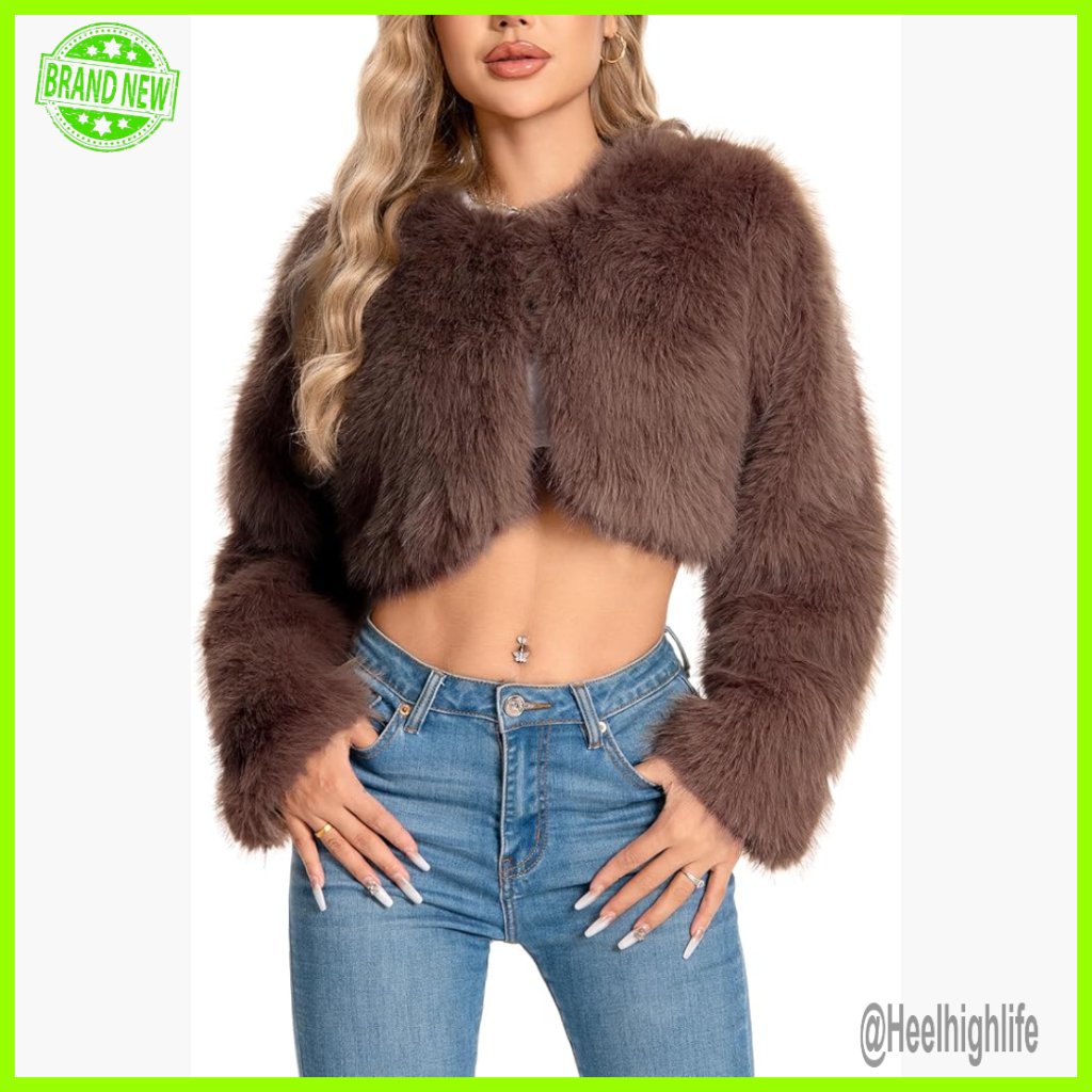 Plus Size Cropped Faux Fur Jacket, Fluffy Winter Coat, Women's Outerwear